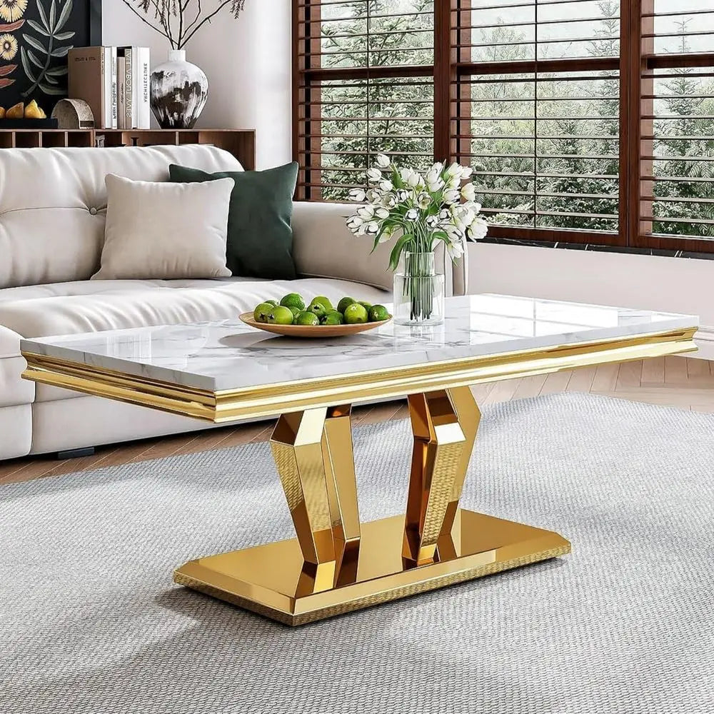 Marble Top Cocktail Table With Diamond Shaped Stainless Steel Base