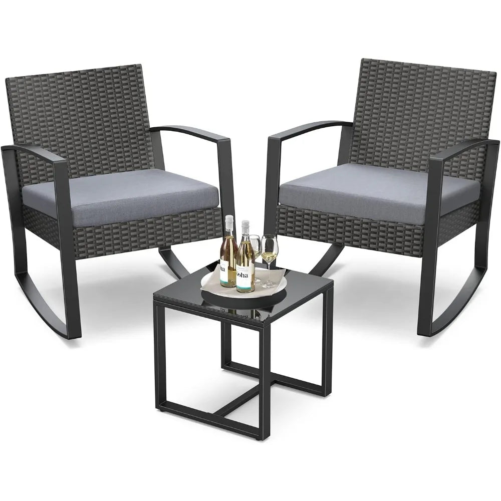 Outdoor Rattan Patio Furniture Set Rocking Bistro With Coffee Table