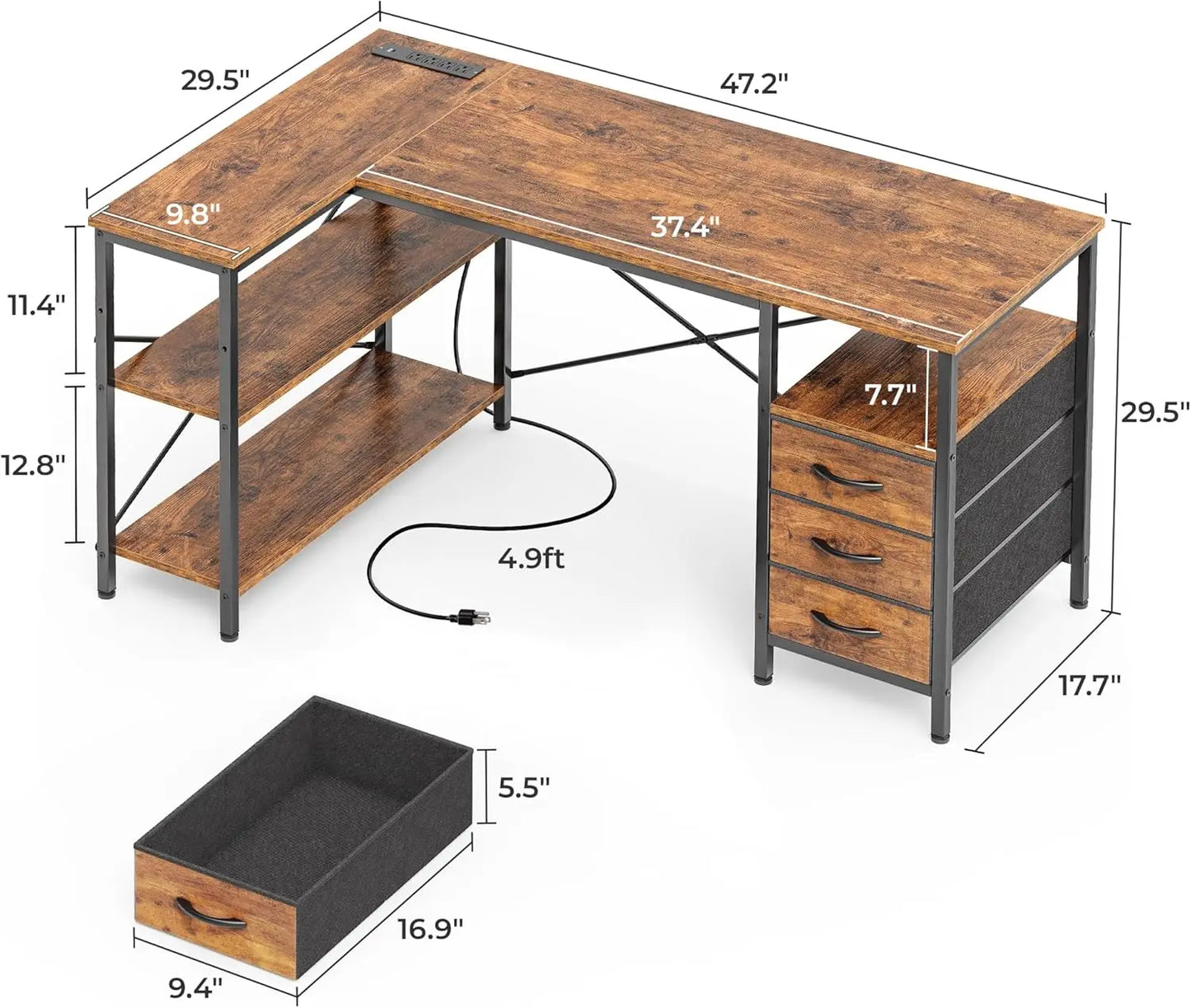 L-Shaped Office Desk With Power Outlets, 3 Drawers, Shelves