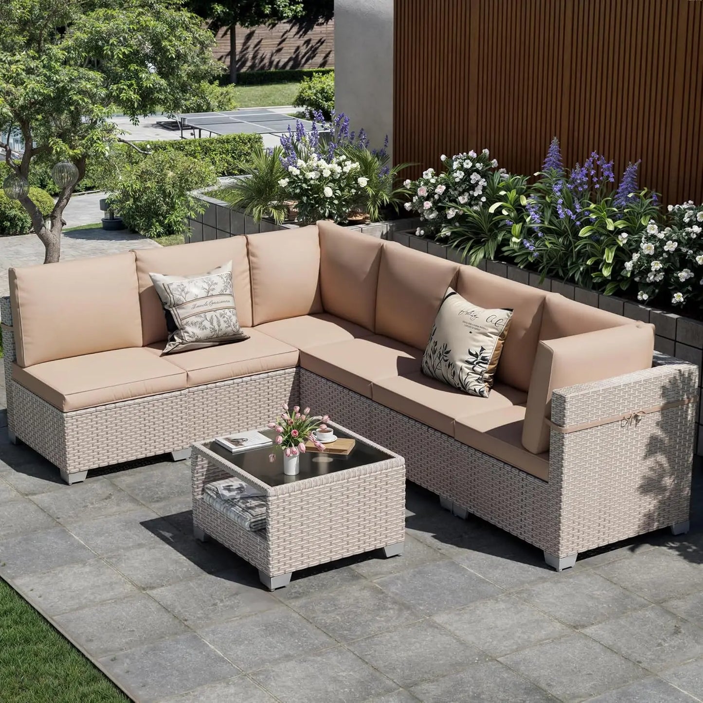 7 Pieces Patio Furniture Set, Outdoor Sectional Wicker Sofa with Thick Cushions and Storage Coffee Table, Rattan, Customized