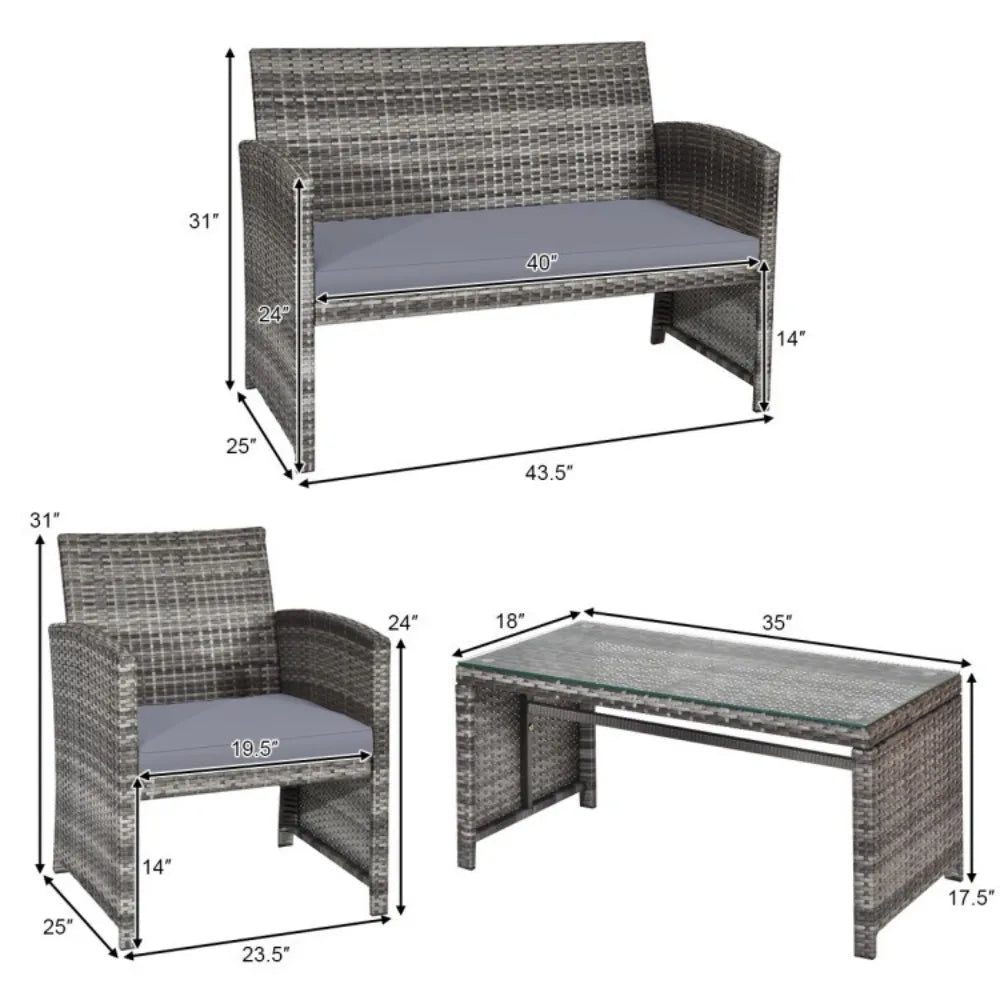 4PCS Patio Outdoor Conversation Furniture Rattan Set w/Glass Table and Loveseat