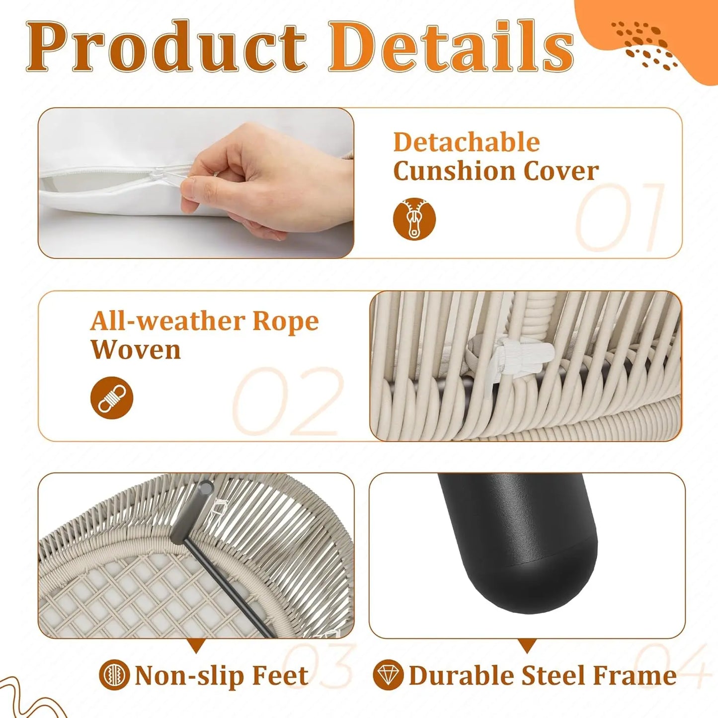 Patio Furniture Set 3 Piece Rope Woven Outdoor Bistro Set With Glass Table