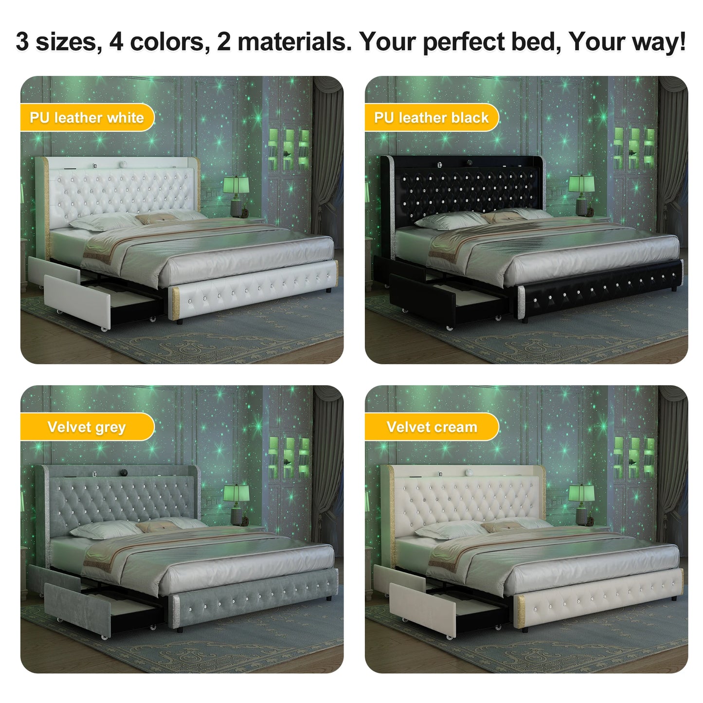 GEGOFORU LED Bed Frame Galaxy Projector Bluetooth USB Ports