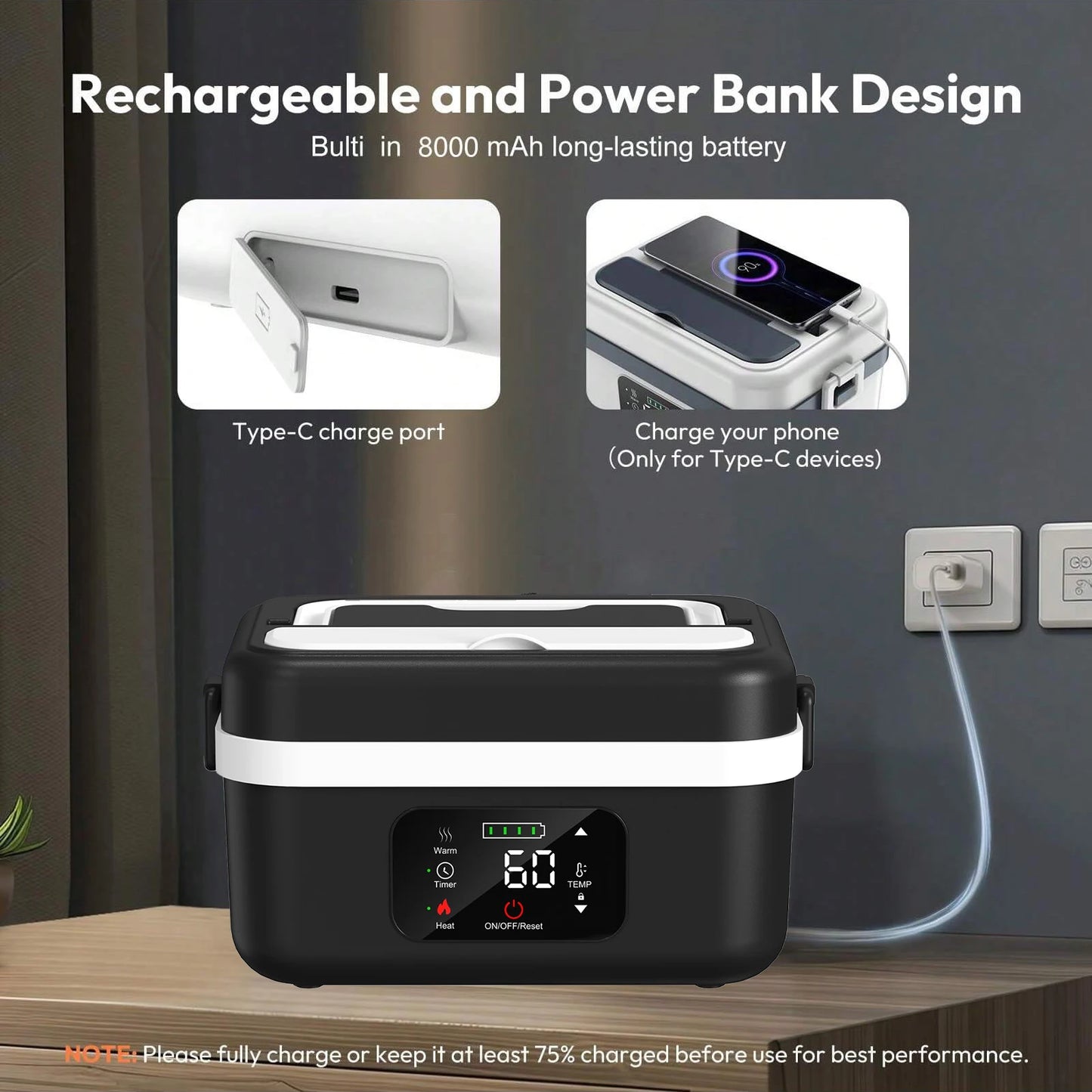 Premium Wireless Insulated Lunchbox With 60W HighEfficiency Heating 8000mAh Battery