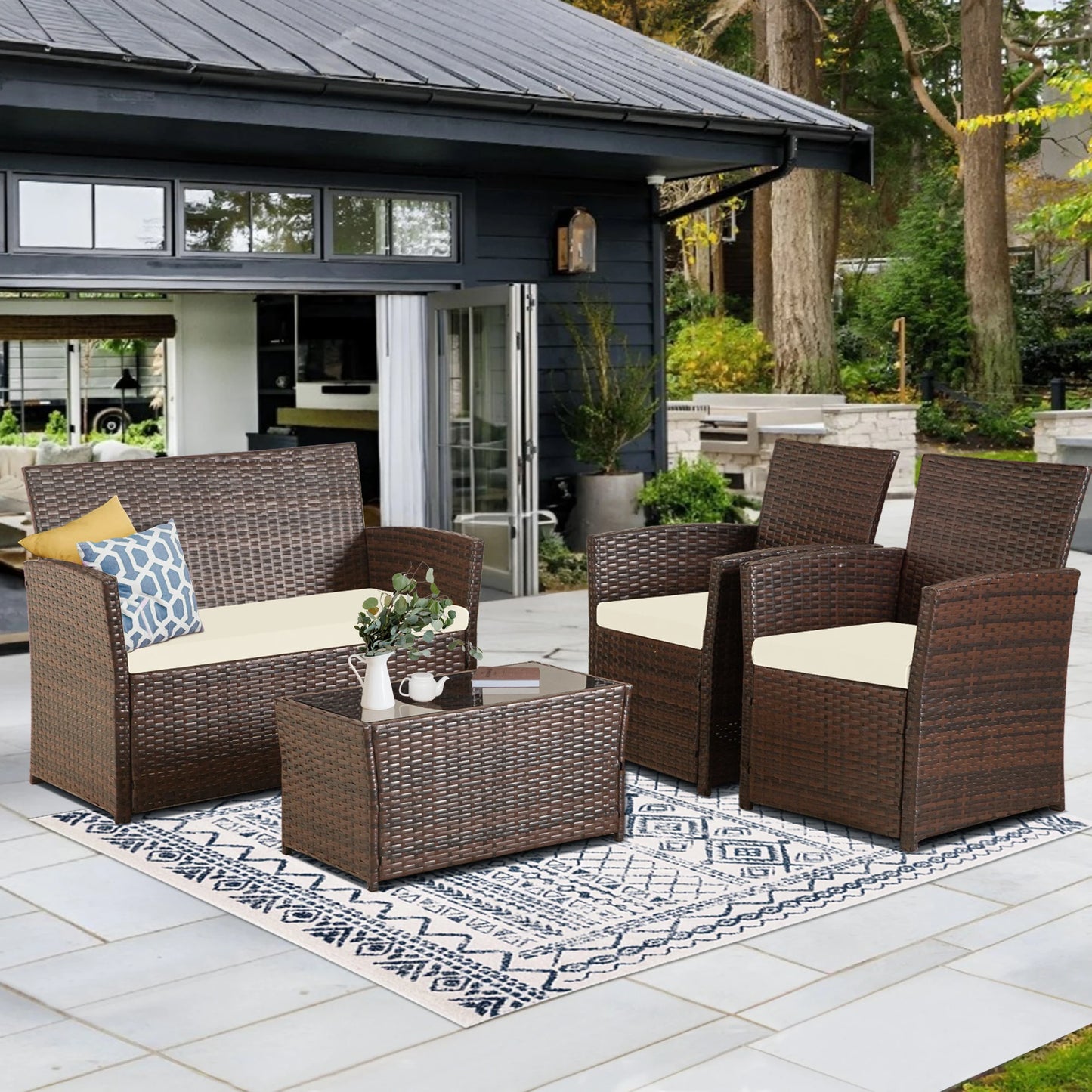 4 Piece Patio Furniture Set, Outdoor Wicker Conversation Sets, Rattan Sectional Sofa Couch with Coffee Table & Seat Cushions for