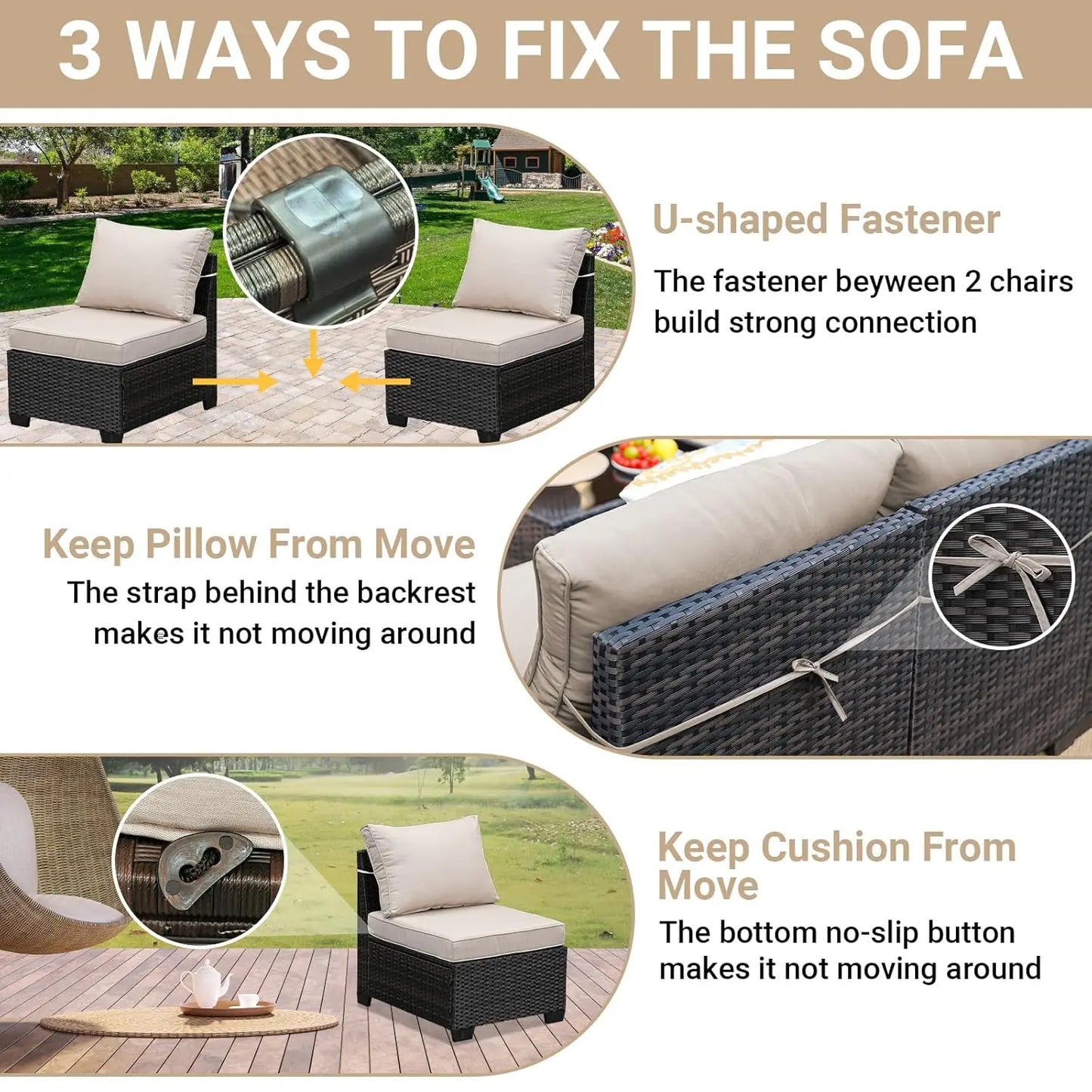 6-Piece Patio Furniture Set, All-Weather Outdoor Wicker Sectional Sofa with Cushions, Glass Table & Left and Right, Customized