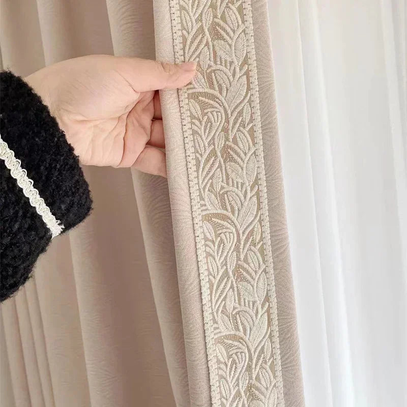 French Curtains for Living Dining Room Bedroom Cream Cured Embossed Chenille Texture Thick Window White Tulle Sheer Curtain