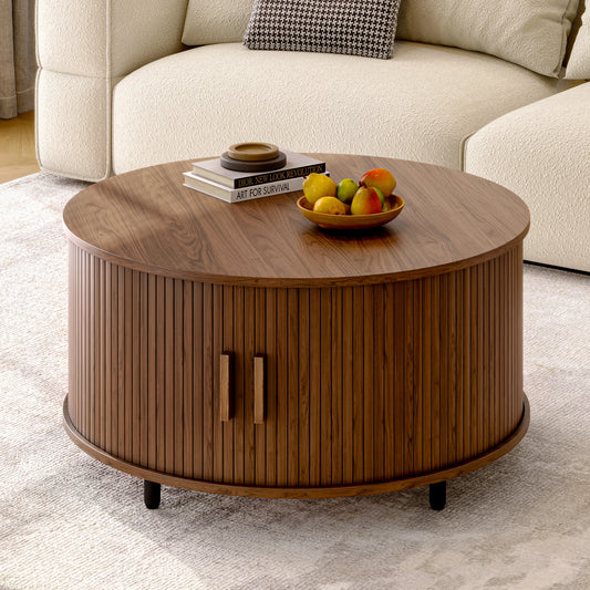 Round Coffee Table With Storage Fluted Wood Accent