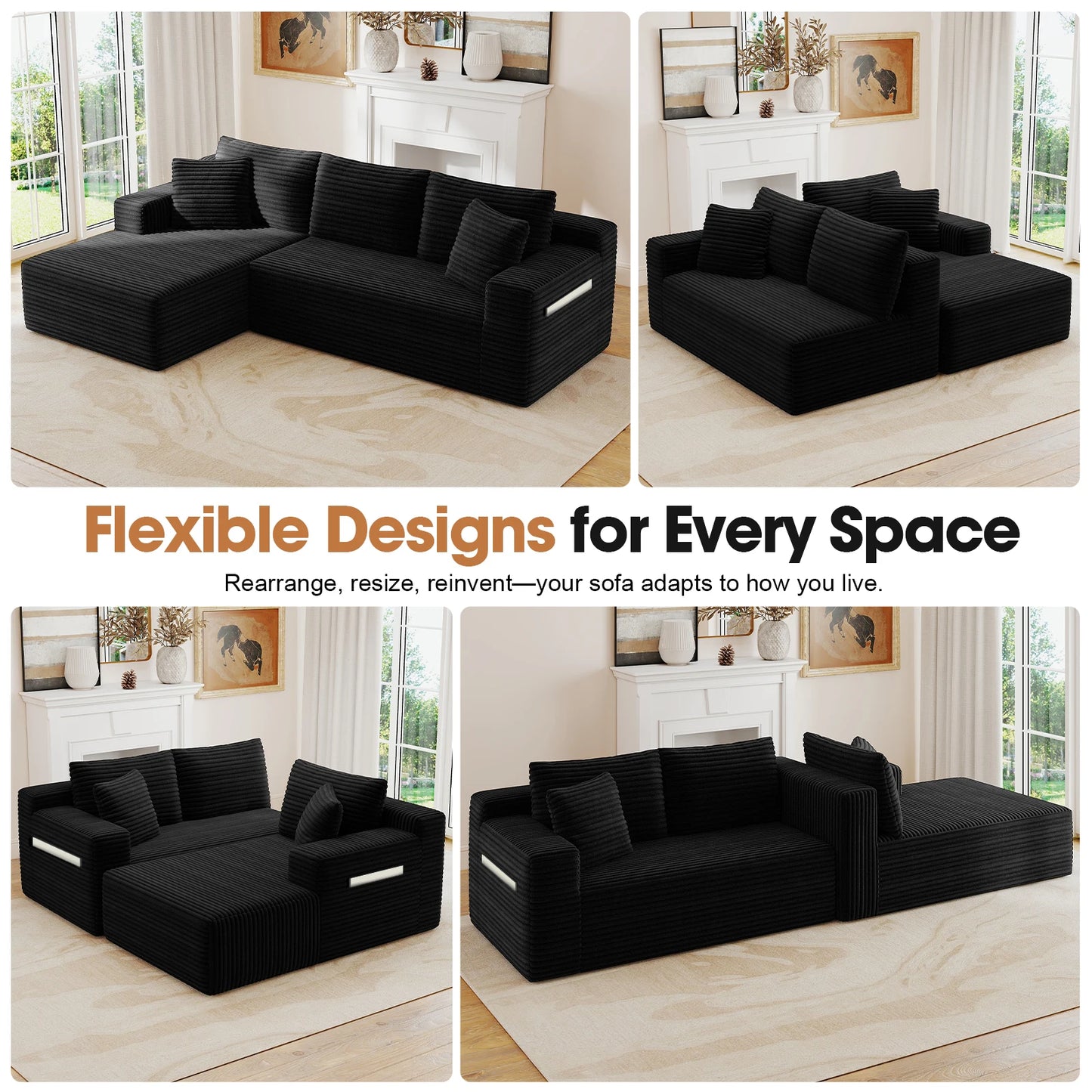 Cloud Modular Corduroy Sectional Sofa With L Shaped Chaise