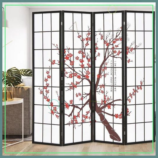 Japanese Style 4 Panel Room Divider, 6ft Folding Shoji Screen with Plum Blossom Design, Solid Wood Frame for Home Office