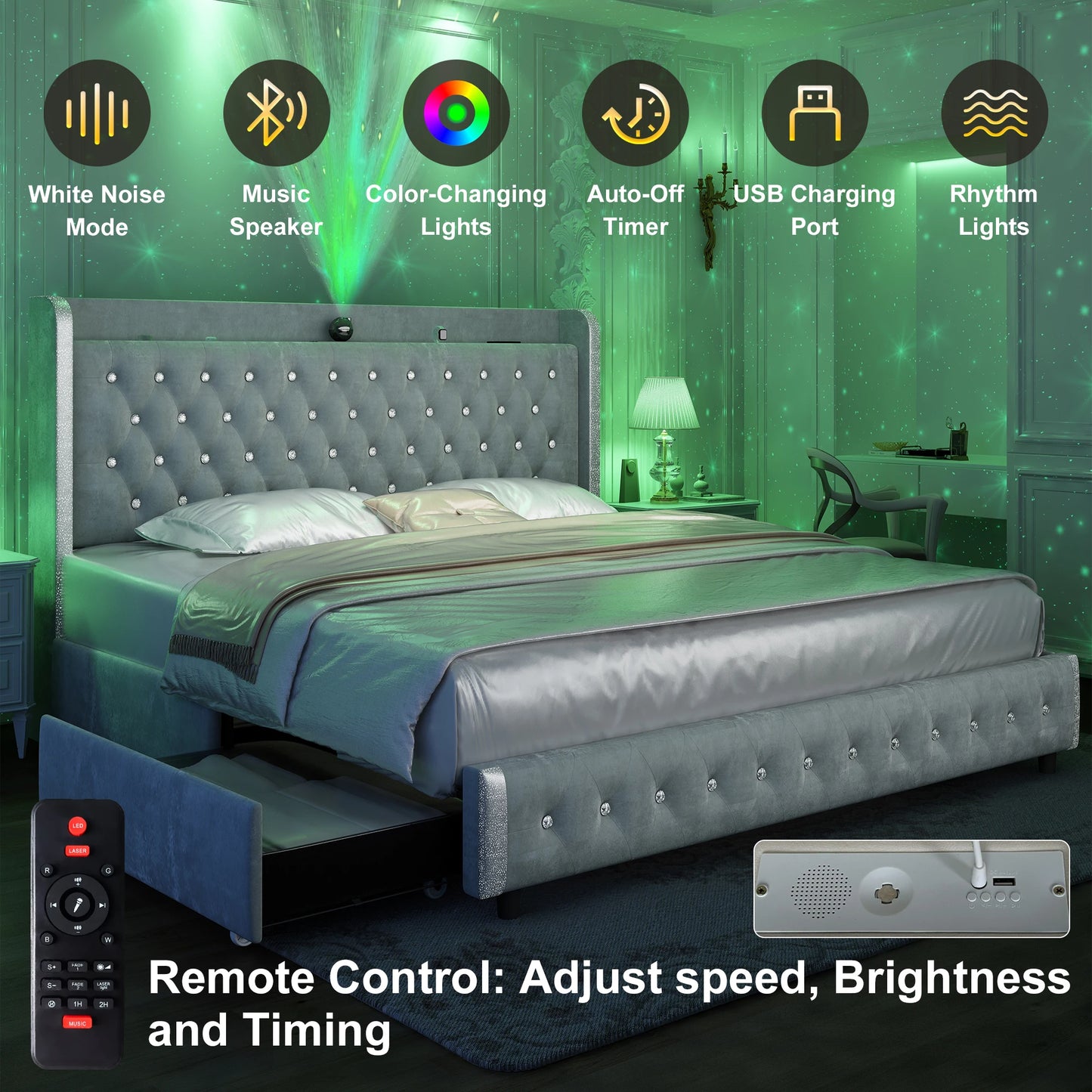 GEGOFORU LED Bed Frame Galaxy Projector Bluetooth USB Ports