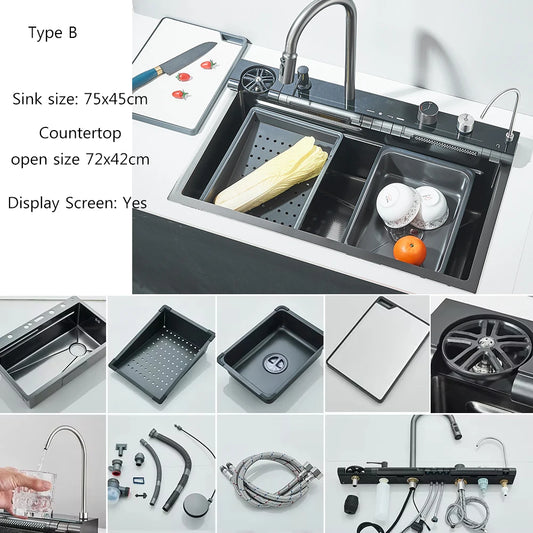 MYQualife 304 Stainless Steel Waterfall Kitchen Faucet Set Soap Dispenser