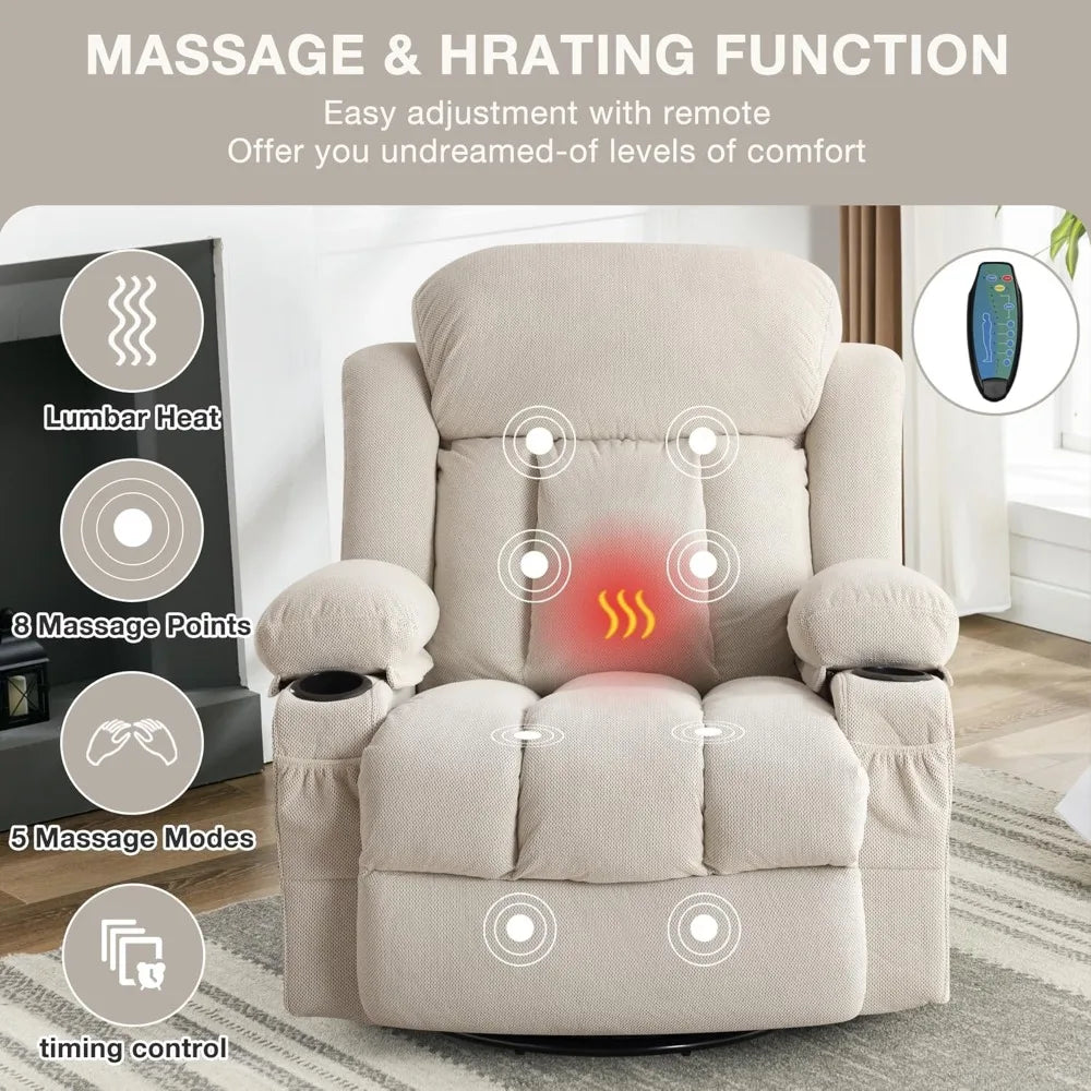 XIAOLANG Oversized Recliner Chair With 360 Swivel Massage Heat USB Cup Holders