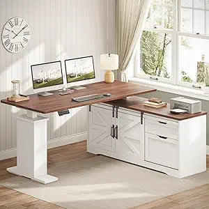 Farmhouse L Shaped Standing Desk With Height Adjustable Corner Desk Storage