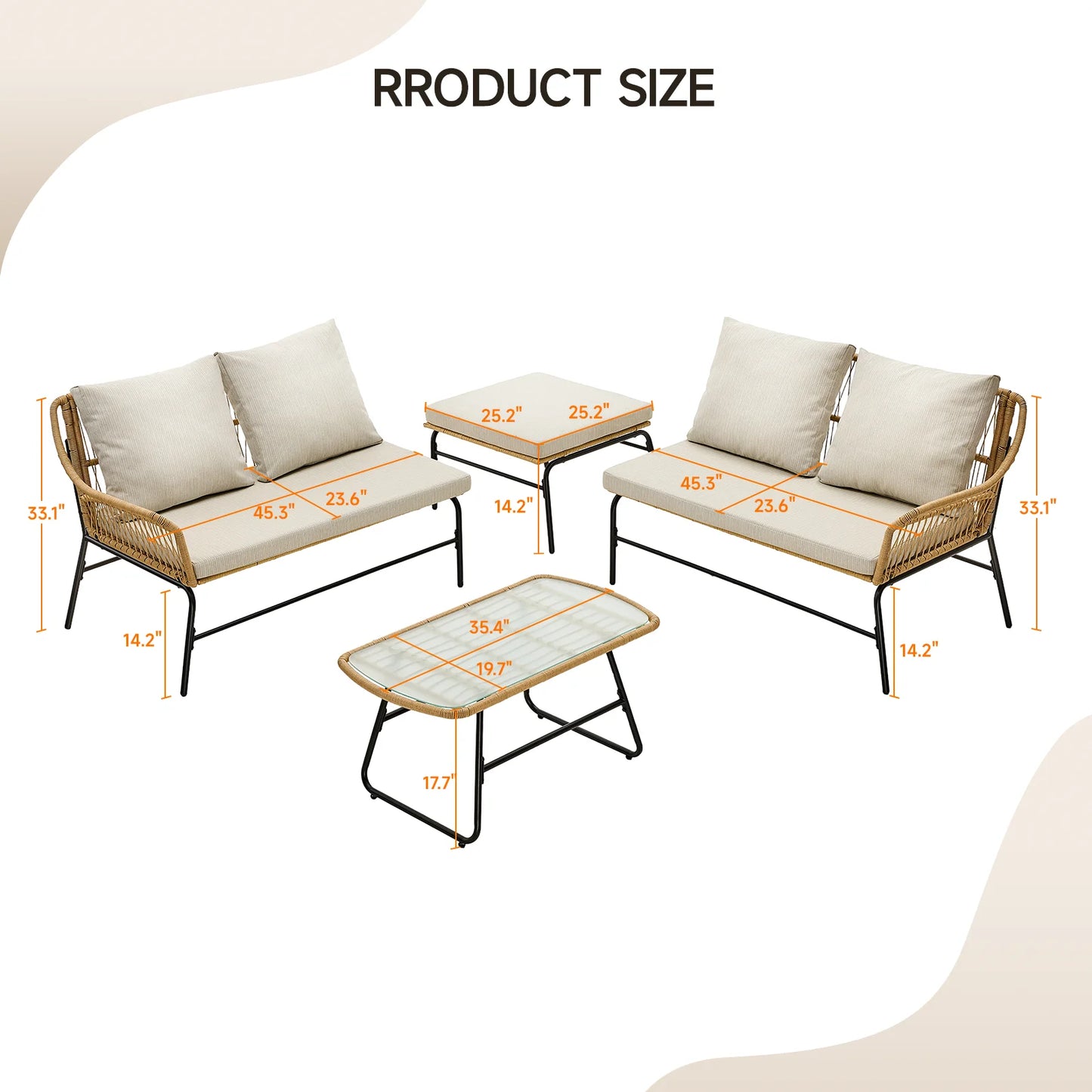 4-Piece Outdoor Sectional Set, Wicker Patio Couch Sets and Glass Coffee Table, L-Shaped Waterproof Olefin Fabric Outdoor Sofa