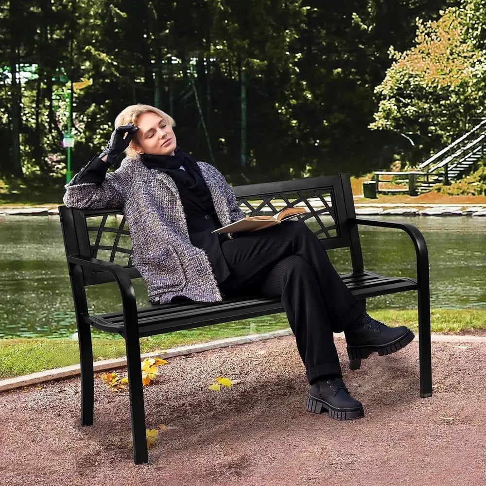 Outdoor Metal Garden Bench With Mesh Backrest And Armrests