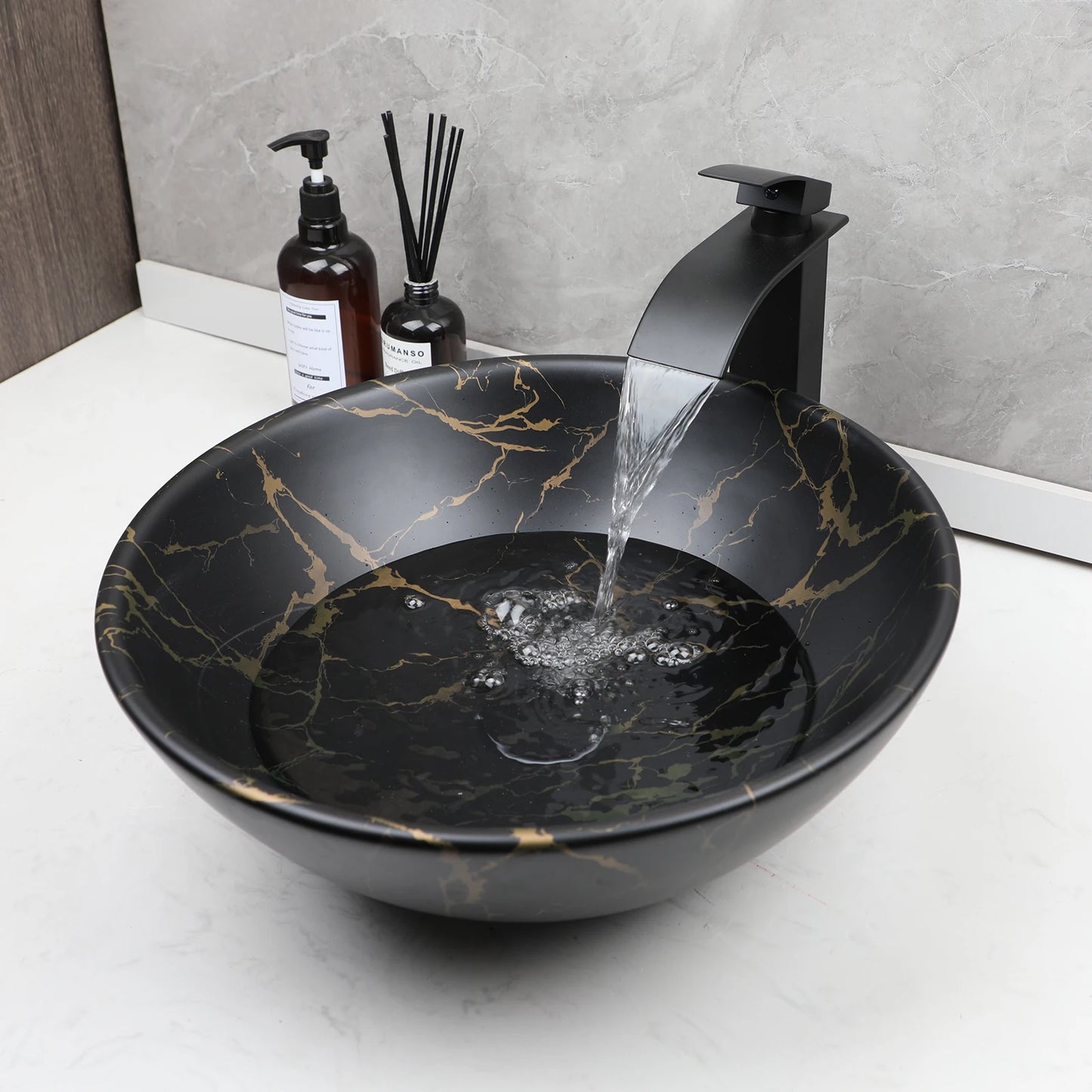 KEMAIDI Marble Ceramic Vessel Sink With Faucet Above Counter Oval Modern European Style Bathroom Vanity