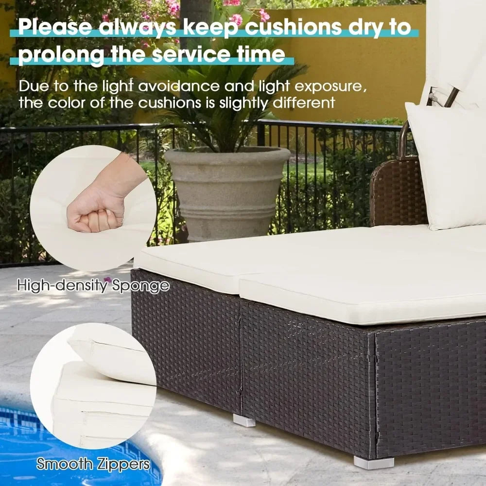 Outdoor Daybed 2 Person Wicker Lounge With Retractable Canopy Cushions