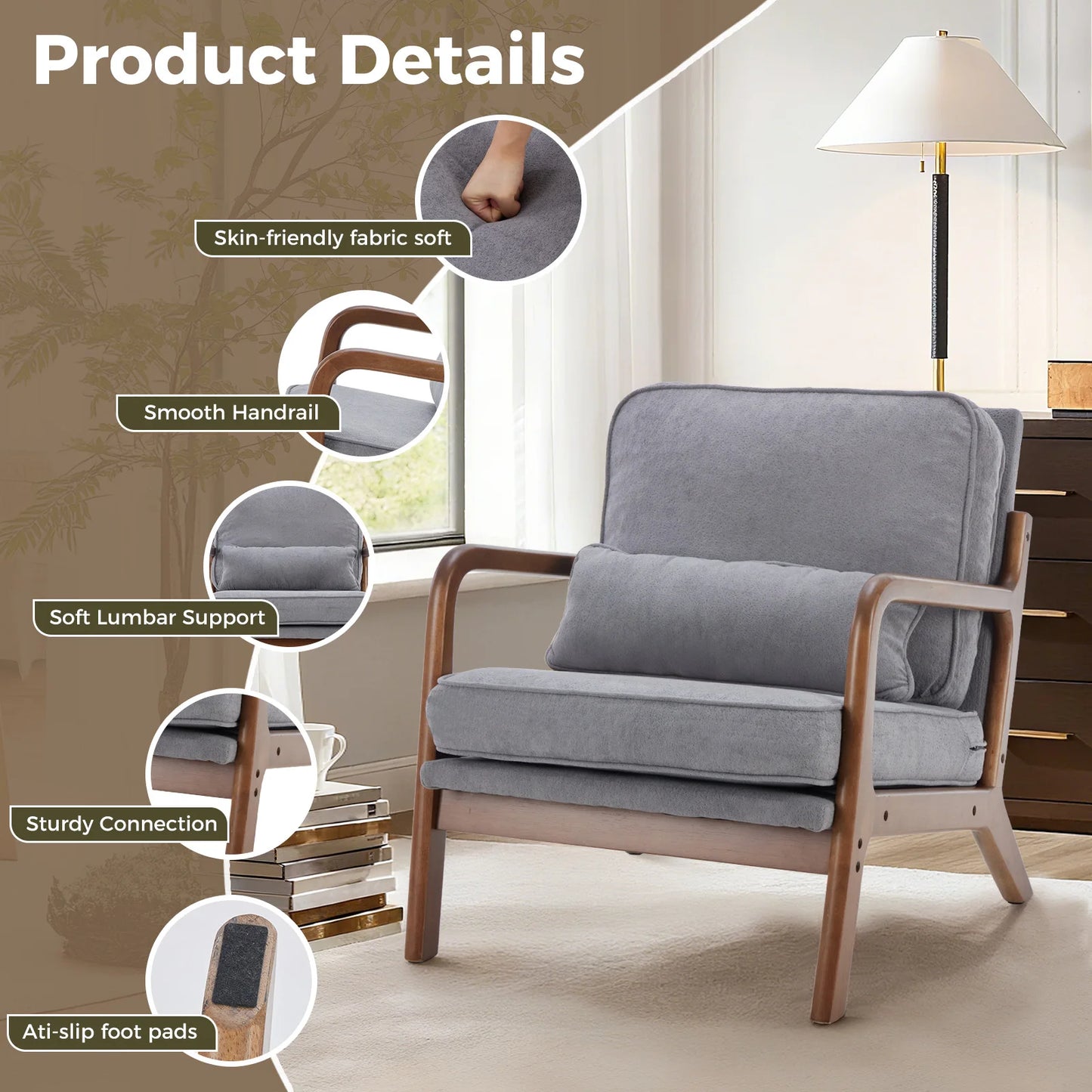JHK Mid Century Modern Rubberwood Armchair With Durable HighDensityFoam Cushions