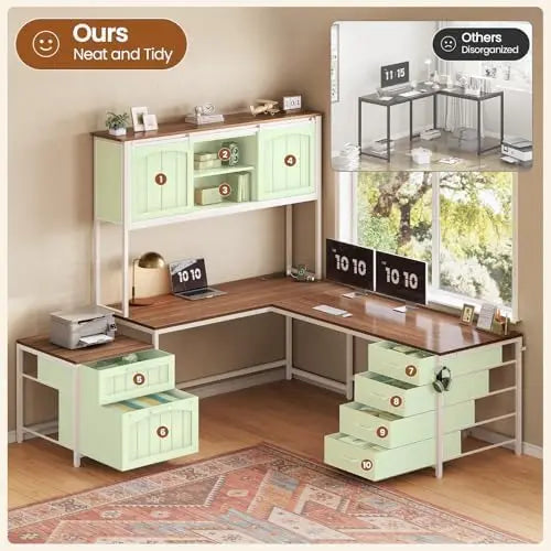 Farmhouse L Shaped Desk with 6 Drawers and Power Outlet