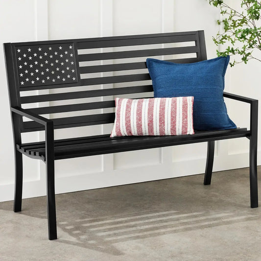 Durable Alloy Steel Outdoor Bench Featuring American Flag Design