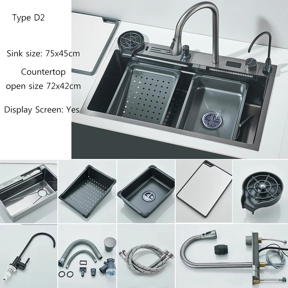 MYQualife 304 Stainless Steel Waterfall Kitchen Faucet Set Soap Dispenser
