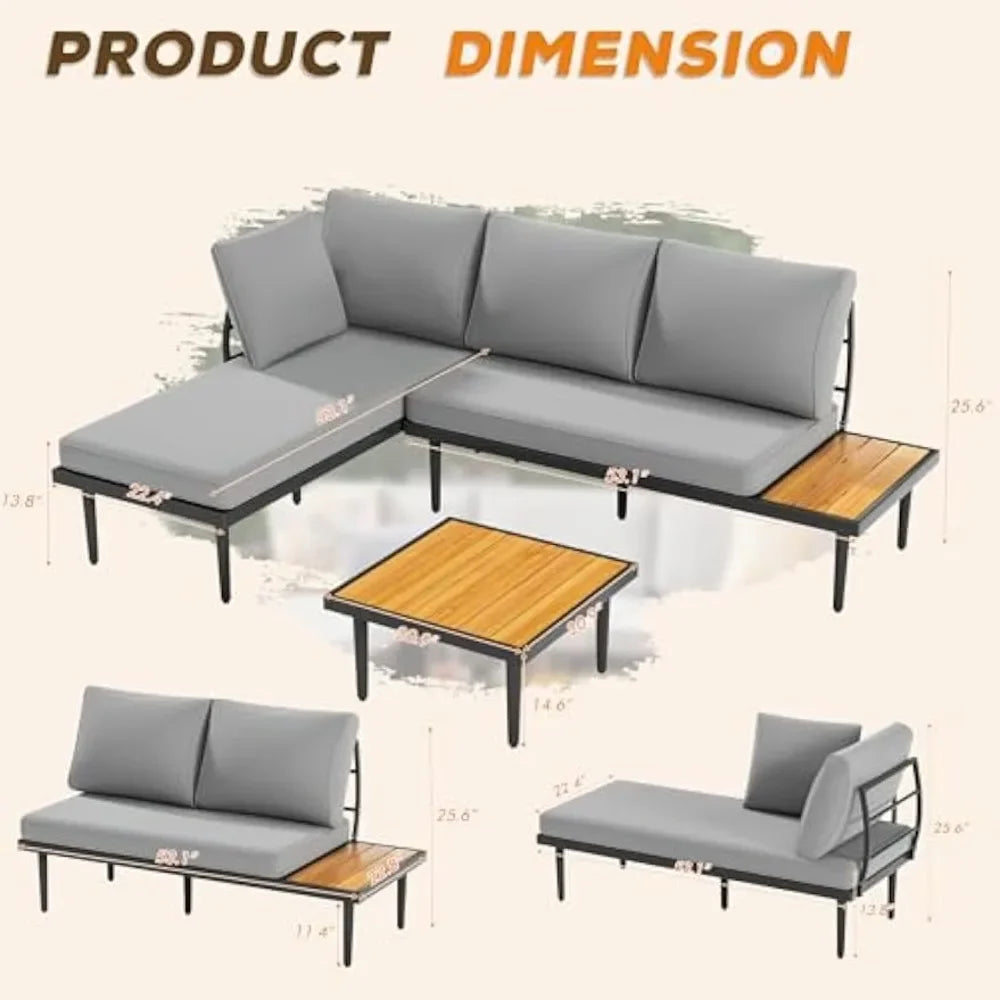 Outdoor Sectional Patio Sofa With Acacia Wood Table Set