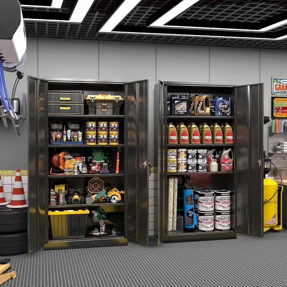 Steel Locking Garage Storage Cabinet 4 Adjustable Shelves 2 Doors