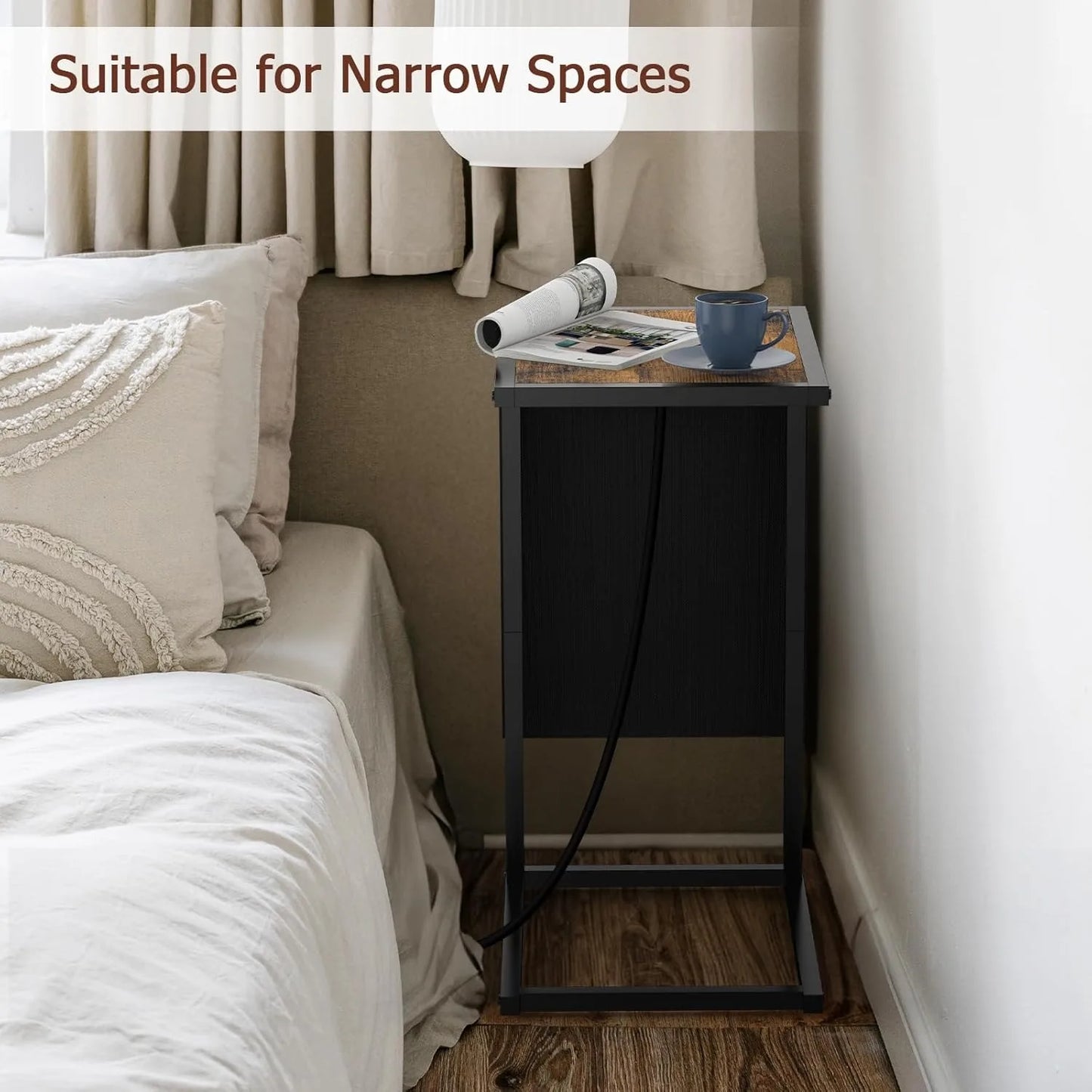 Hign Concerned C Shaped End Table With Charging Station And Storage 2 Piece Metal Frame Living Room And Bedroom