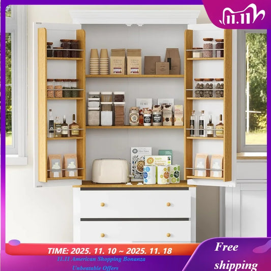 Solid Wood Kitchen Pantry Cabinet With 8 Doors And Drawers