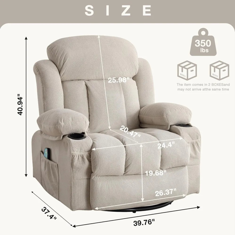 XIAOLANG Oversized Recliner Chair With 360 Swivel Massage Heat USB Cup Holders