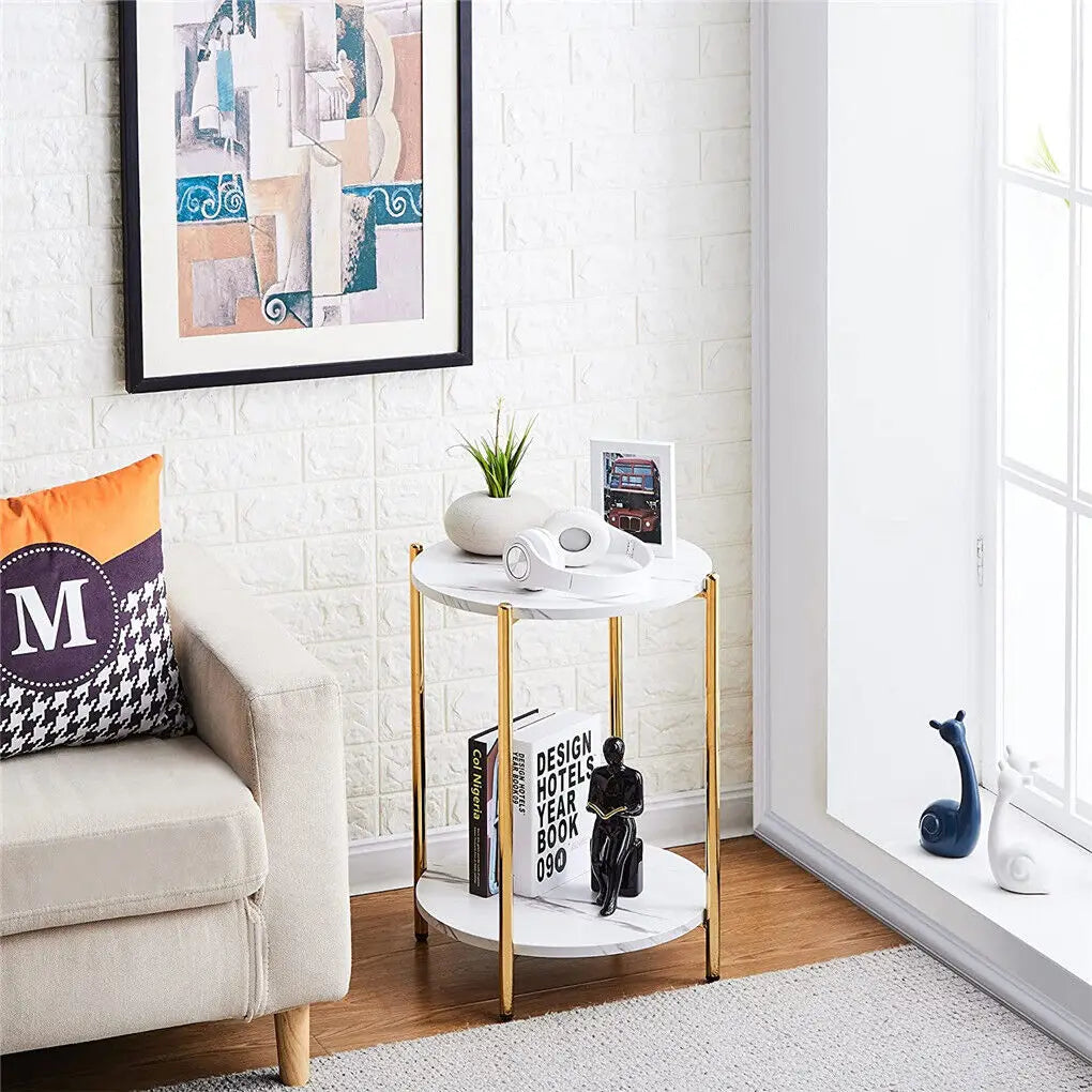 LUVODI Two Tier Round Coffee End Tables With Storage Shelf Modern Minimalist Design