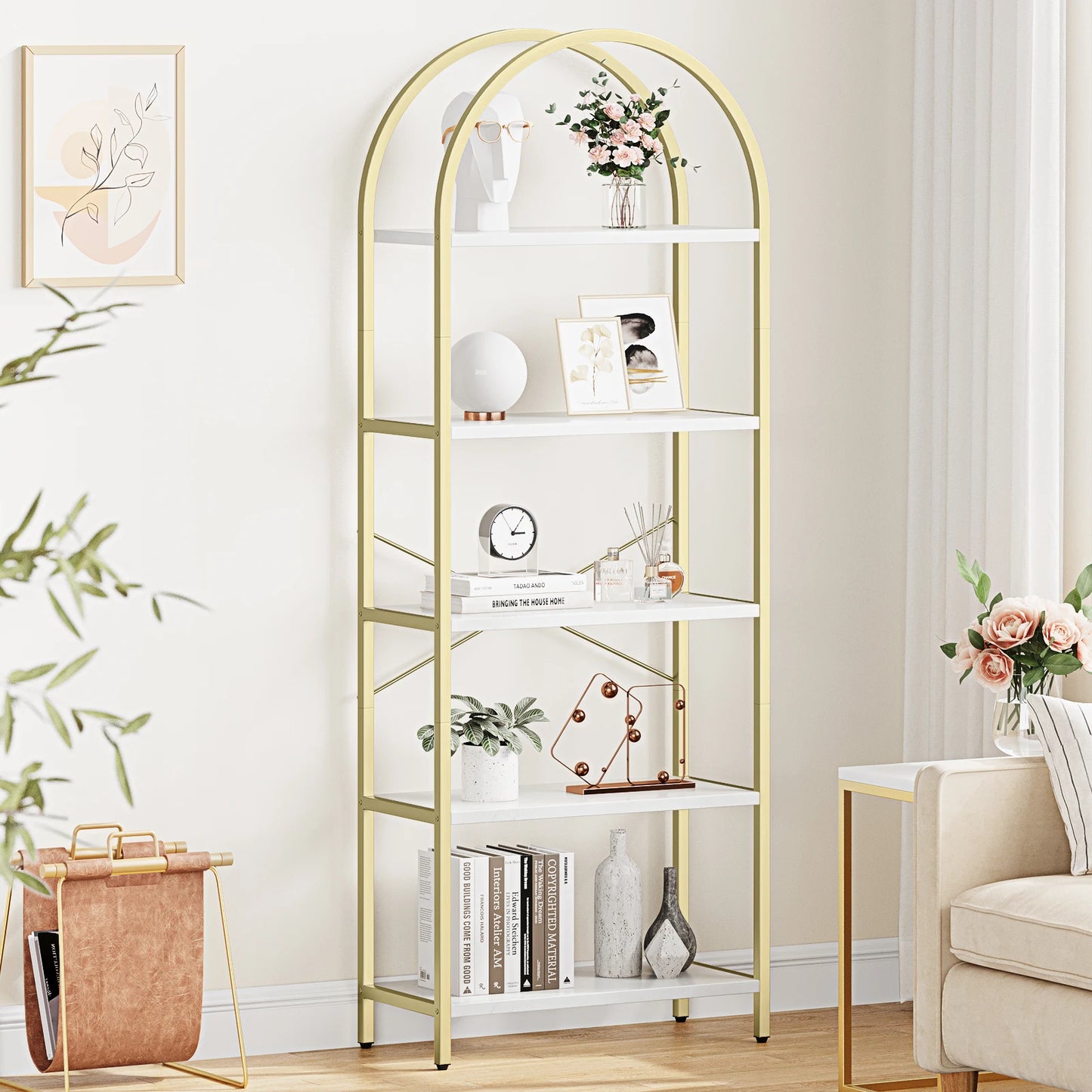 5 Tier Arched Bookcase With Sturdy Metal Frame For Bedroom And Living Room Storage