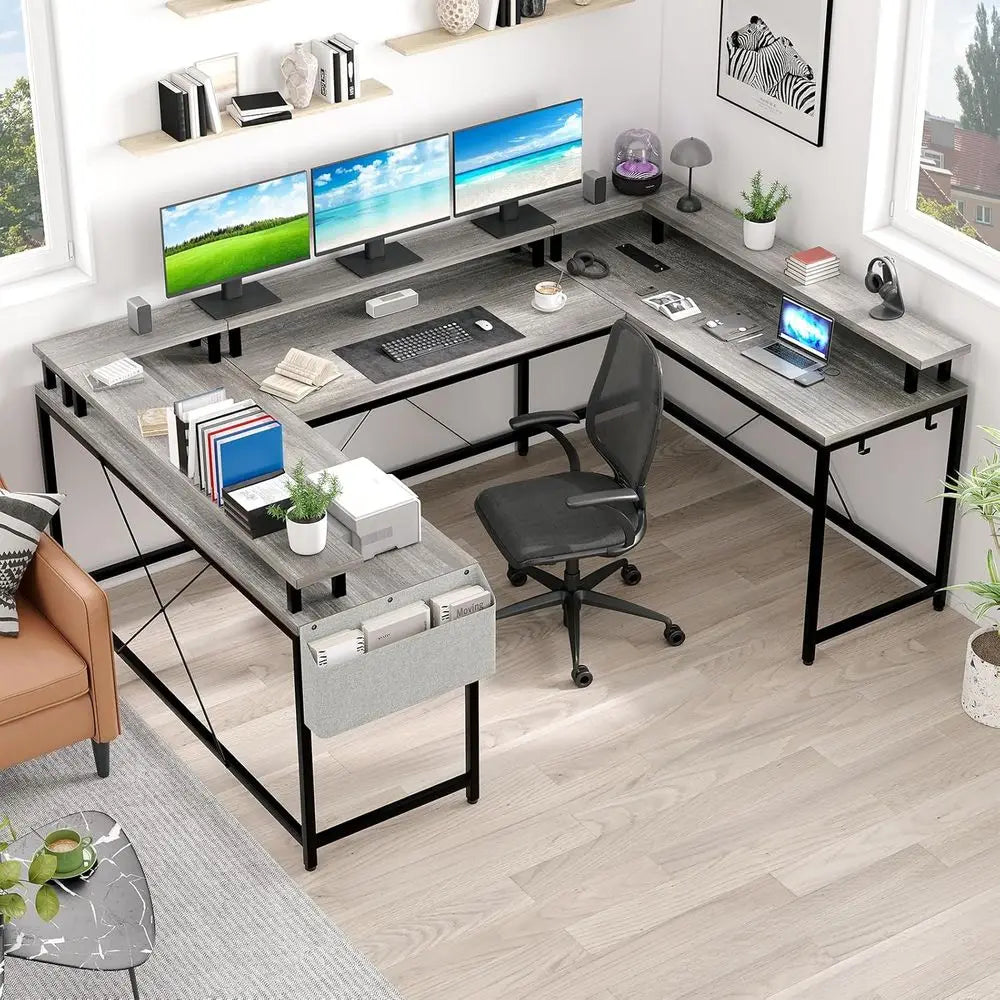 L-Shaped Gaming Desk With Power Outlets LED Lights Reversible Design