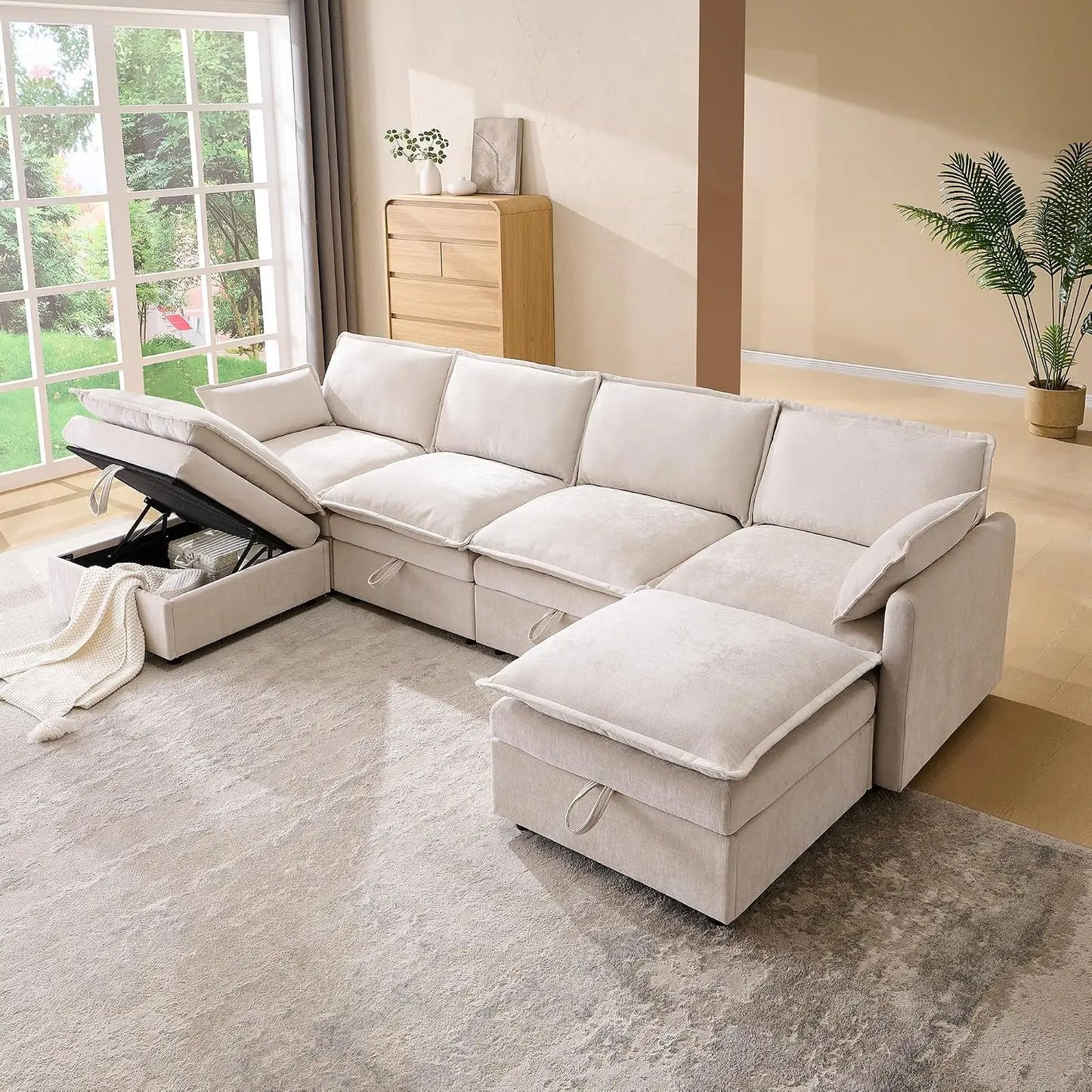 Modular U Shaped Sectional Sofa With Storage Ottoman For Living Room
