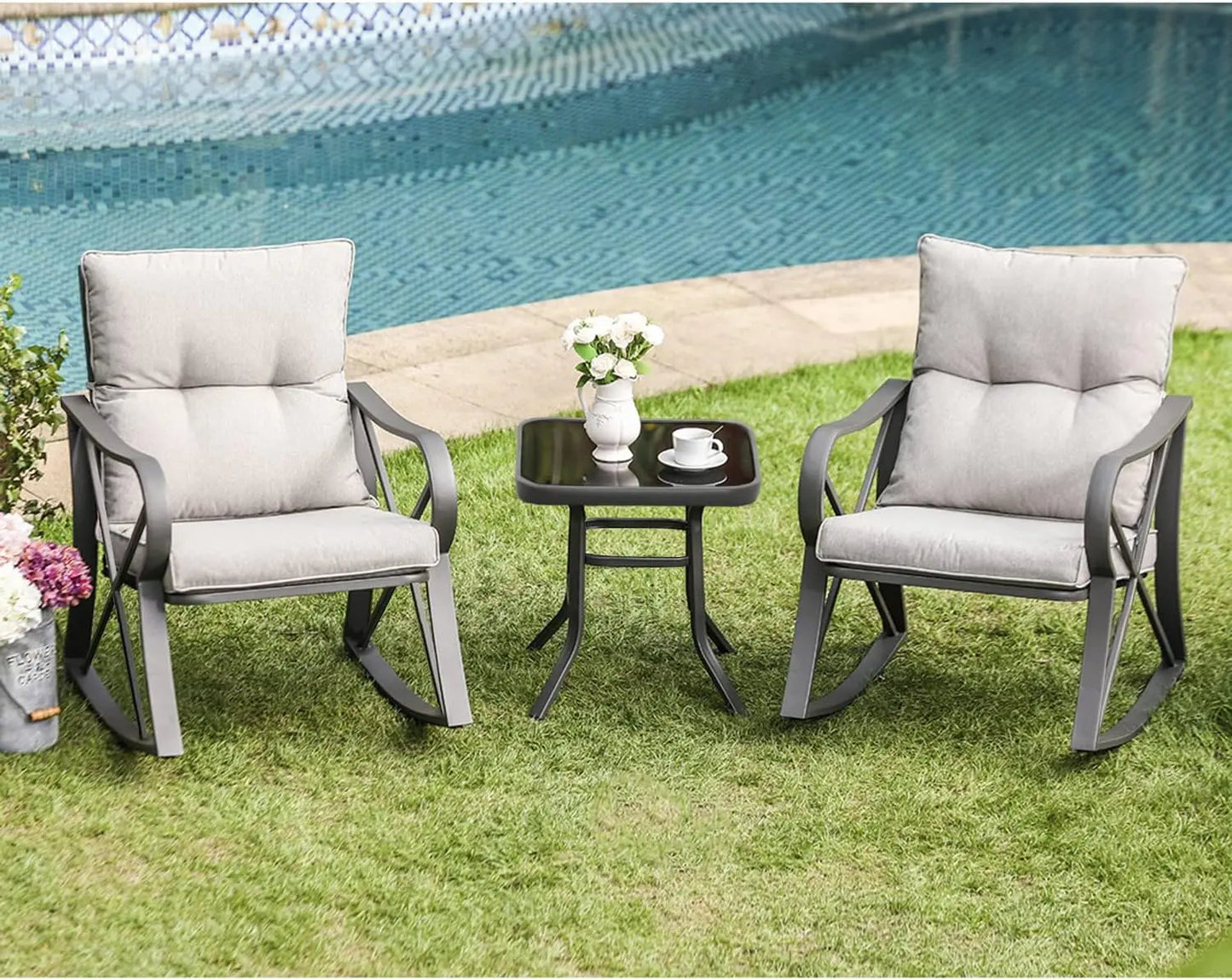 Cozy 3-Piece Bistro Set with Rocking Chairs, Gray Cushions & Glass Table for Outdoor Garden, Pool, Backyard