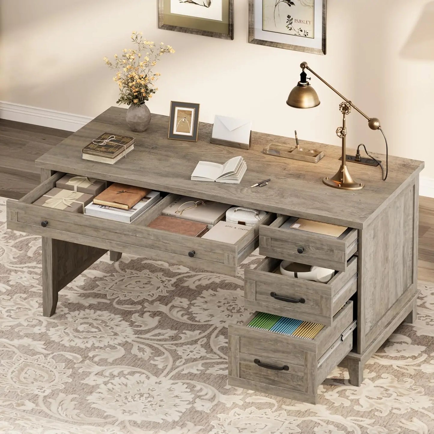 Farmhouse Executive L Shaped Desk With Drawers And Charging Station