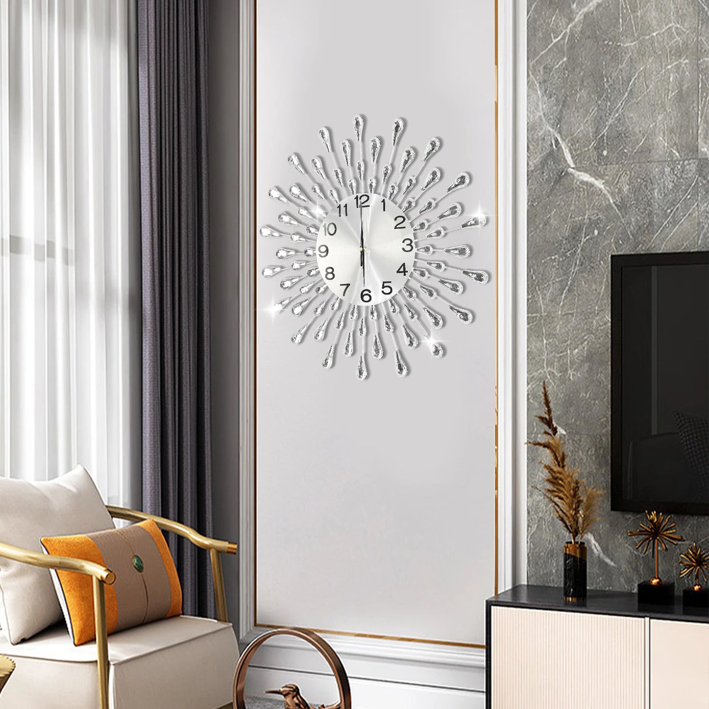 50cm Silver Large Wall Clocks,Iron Round Silent Quartz Wall Clock Battery Powered for Decoration Bedroom Office