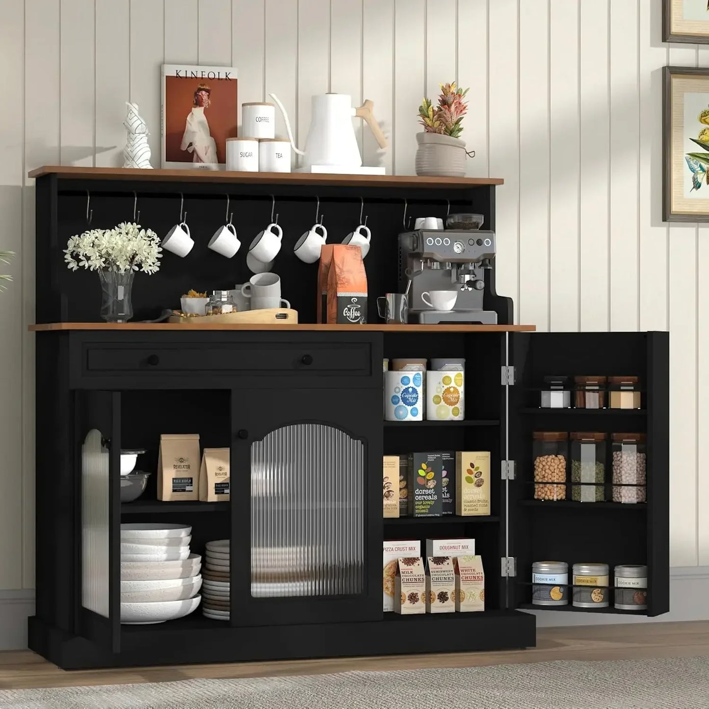Solid Wood Coffee Bar Cabinet With Drawer And Glass Doors