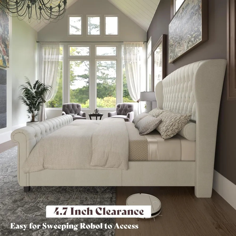 Platform Bed Frame With Scroll Wingback Headboard Footboard Velvet Upholstery