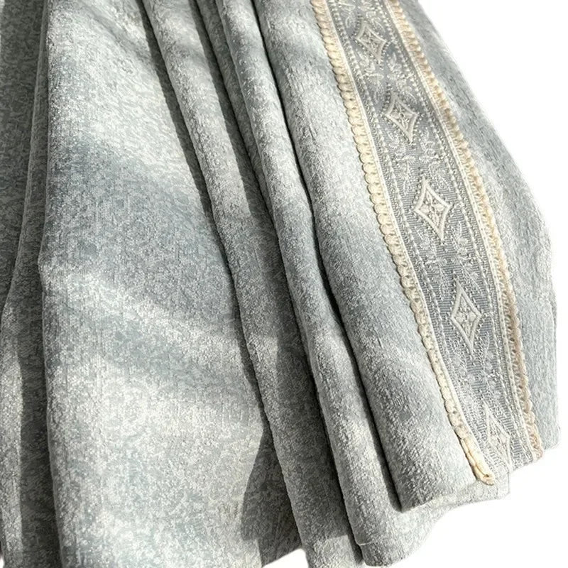 French Retro Dark Texture Chenille Grey Blue Lace Splicing Curtains for Bedroom Living Room French Window Balcony Customized