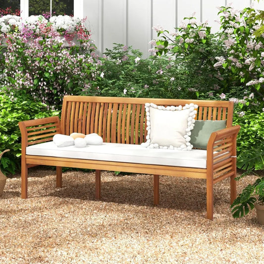 Tangkula 3-Seat Patio Acacia Wood Bench with Cushion, 62.5” Extra Long Outdoor Chair with Dense Slatted Backrest & Armrests, 120