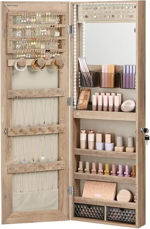Jewelry Cabinet Armoire Organizer with LED Lights, Wall-Mounted Storage Cabinet with Full-Length Frameless Mirror