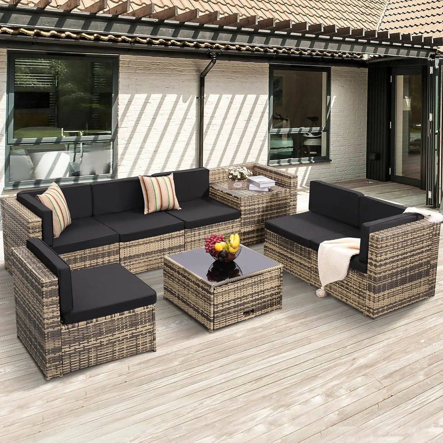 Outdoor Wicker Rattan Patio Sectional Set With Glass Top Table