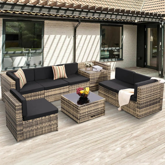 Outdoor Wicker Rattan Patio Sectional Set With Glass Top Table