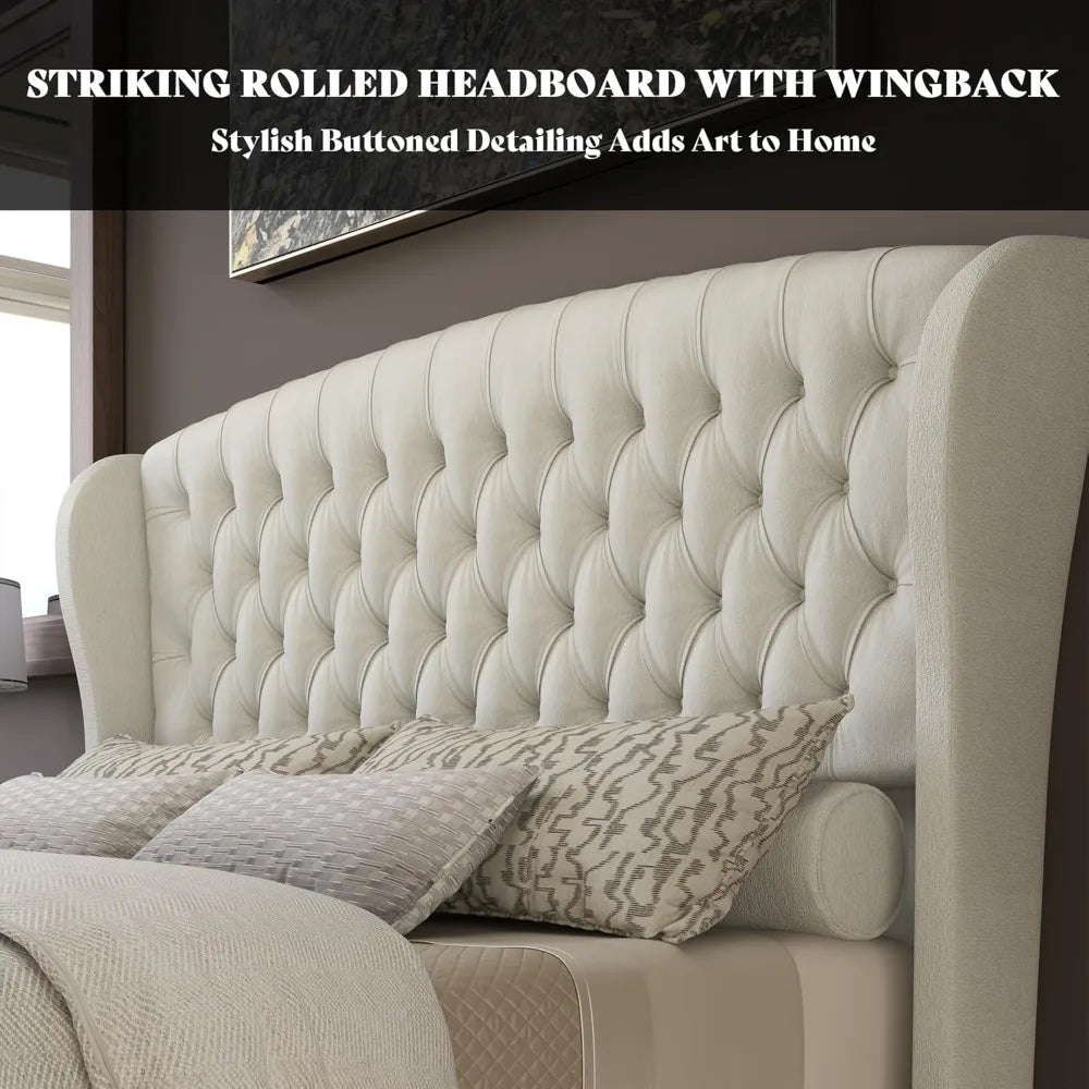 Platform Bed Frame With Scroll Wingback Headboard Footboard Velvet Upholstery