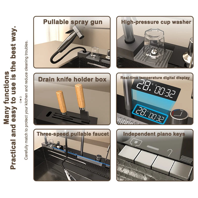 Yuki Like Stainless Steel Waterfall Kitchen Sink With Digital Display