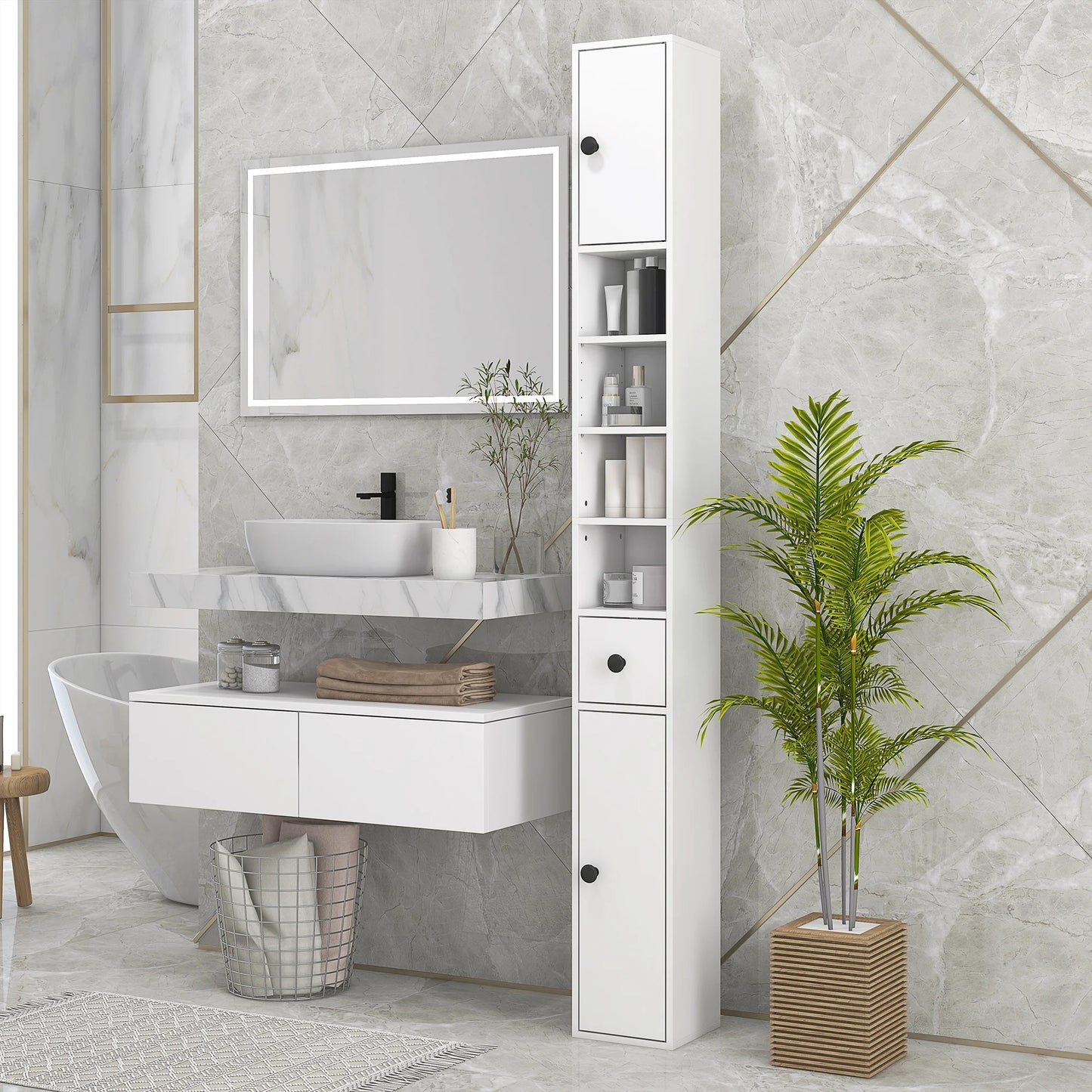 KLEANKIN Bathroom Storage Cabinet With Open Shelves And Doors