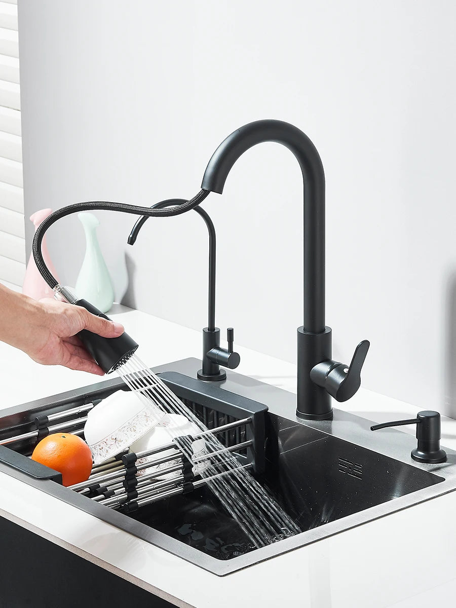 Quyanre Kitchen Sink With Retractable Faucet Soap Dispenser Water Tap