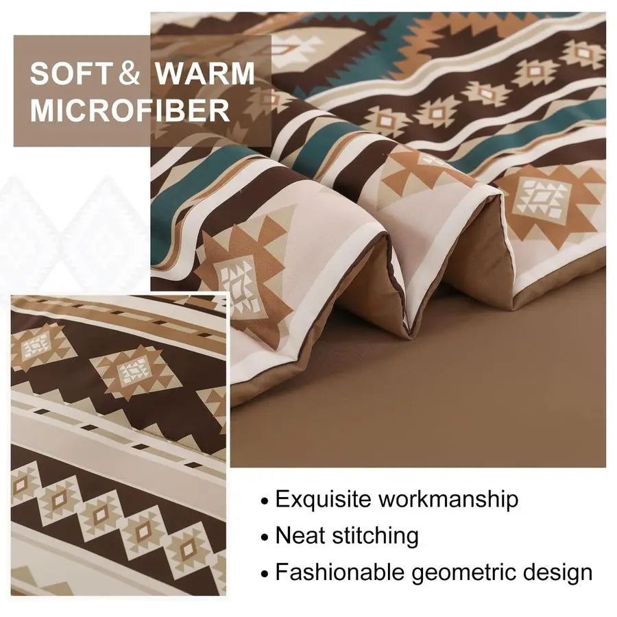 Brown Boho Comforter Set Queen Size,7 Pieces Bed in a Bag Queen Coffee Aztec Bedding Sets with Sheets Bohemian Geometric Striped